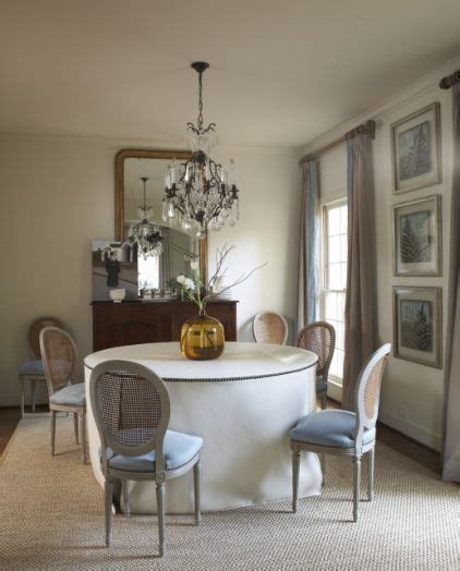 Skirted Dining Table With Nail Head Detail Around Top Edge Dining Room