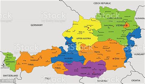 Colorful Austria Political Map With Clearly Labeled Separated Layers