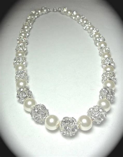 Pearl Necklace Chunky Bridal Jewelry Large Crystal Rhinestones