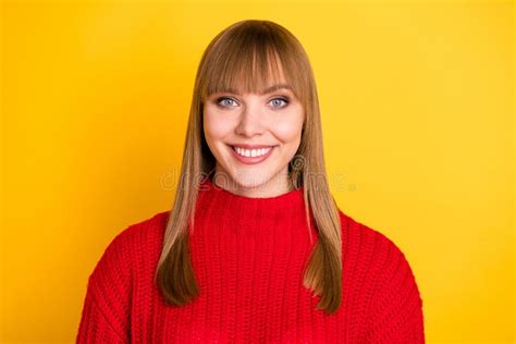 Photo Of Blond Nice Optimistic Lady Wear Red Sweater Isolated On Bright