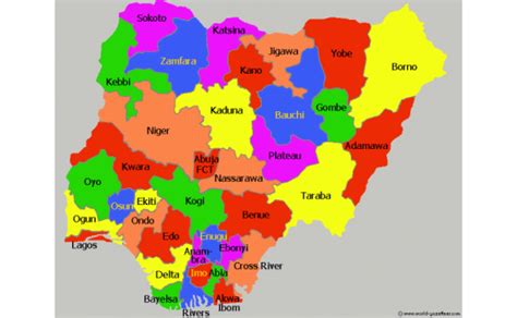 map of nigeria showing the 36 states
