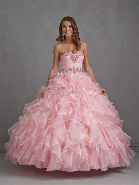 Strapless Sweetheart Organza Ball Gown Long Light Pink Prom Dresses In