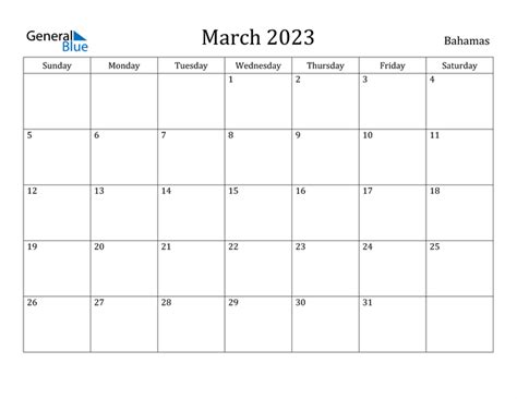 Bahamas March 2023 Calendar With Holidays