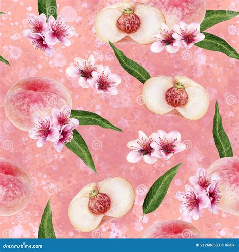 Watercolor Seamless Pattern Peaches With Flowers And Leaves On A Color