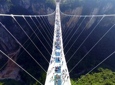 China Tourists Walk Glass Floor Suspension Bridge Zhangjiajie South