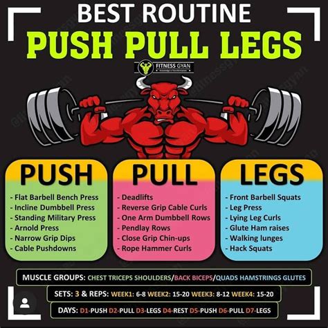 The Best Routine Push Pull Legs Poster Is Shown In Black And White
