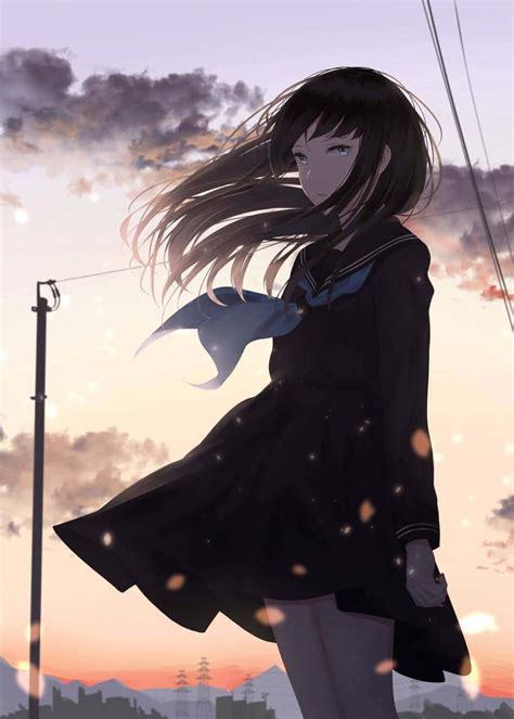 Download Cool Sad Anime School Girl On A Windy Day Wallpaper