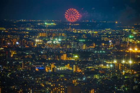 Chofu Fireworks Display Visible From Yokohama Landmark Tower Stock