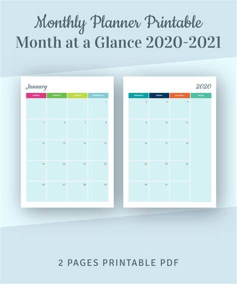 Monthly Planner Printable Month At A Glance 2020 Calendar Etsy