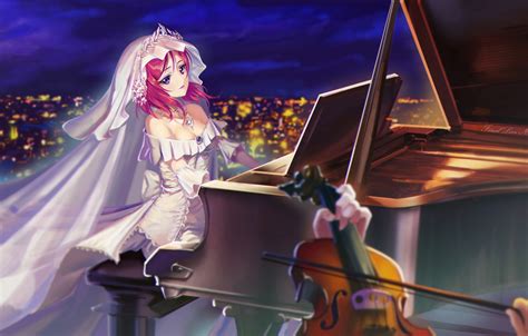 Wallpaper Girl Night The City Lights Violin Anime Piano Art The