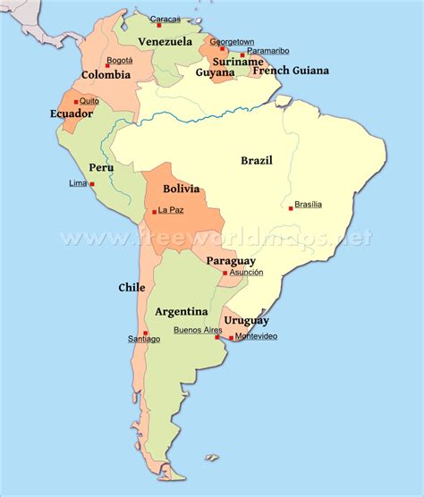 South America Map With Capitals And Countries Cities And Towns Map