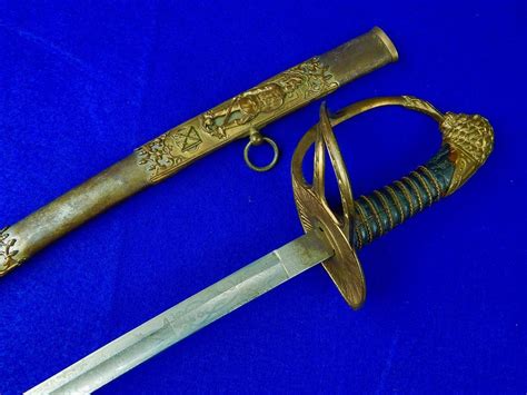 Antique Old Us Fraternal Masonic Lion Head Engraved Sword With Scabbard