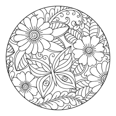 Outline Round Floral Pattern For Coloring Page Doodle Pattern In Black