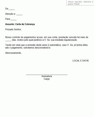 Referência de Envio de Carta de Cobrança Modelo Simples Modelo Gratuito