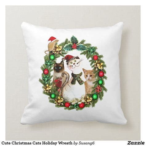Cute Christmas Cats Holiday Wreath Throw Pillow In 2021