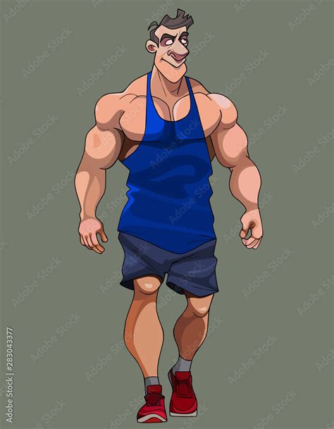 Cartoon Muscular Male Bodybuilder Strides In Sportswear Stock Vector