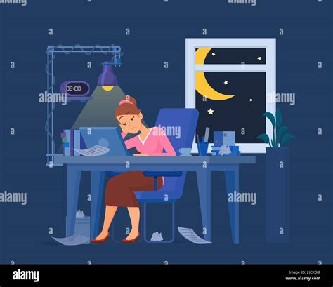 Work Late Concept Worker Burnout Exhausted Businesswoman In Office At