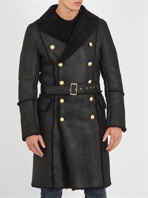 Lyst Balmain Double Breasted Shearling Overcoat In Black For Men