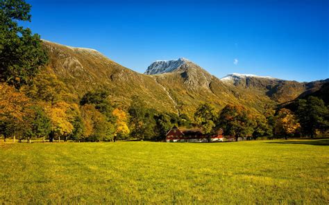 Autumn Mountains Waterfalls Woods Trees Grass Meadow House Buildings