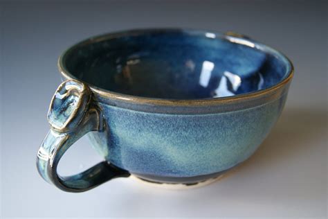 Pottery Soup Bowl In Blue And Black Handled Handmade Etsy