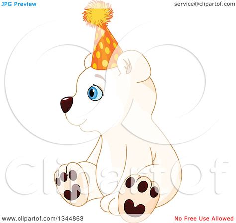 Clipart Of A Cute Baby Polar Bear Cub Sitting Wearing A Party Hat And