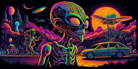 Psychedelic Trippy Alien Cartoon 70s Rave Style Acid Color Retrowave