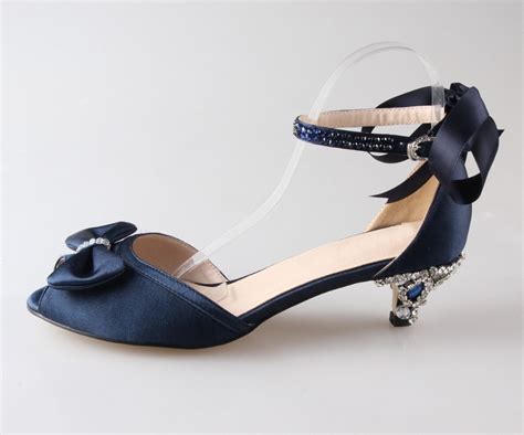 Handmade Navy Blue Satin Dress Shoes With Sewed Crystals Ribbon Med Low Heel Woman Shoes Elegant