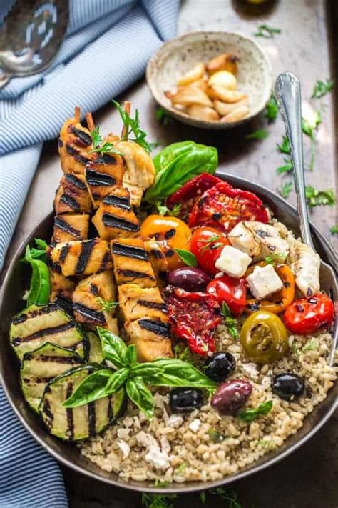 Lower carb brown rice blend. Grilled Greek Chicken Souvlaki Quinoa Brown Rice Bowls