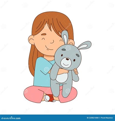 Cute Girl Playing With Stuffed Hare Toy Having Fun On Her Own Enjoying