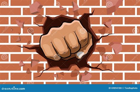 Punching Fist Smash Through A Concrete And Brick Wall Stock Vector