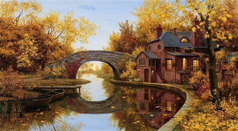 Reflection Bridge Arch River House Trees Boat Fall Wallpapers Hd