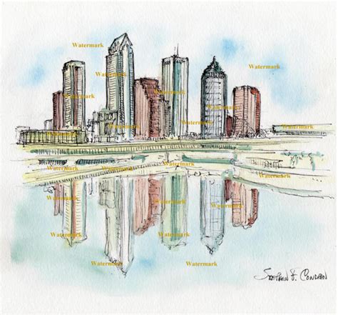 Tampa Skyline 585a Pen And Ink Cityscape Watercolor • Stephen Condren