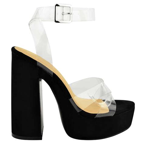Womens Ladies Perspex Clear Glass Platform Sandals See Through Block High Heels Ebay