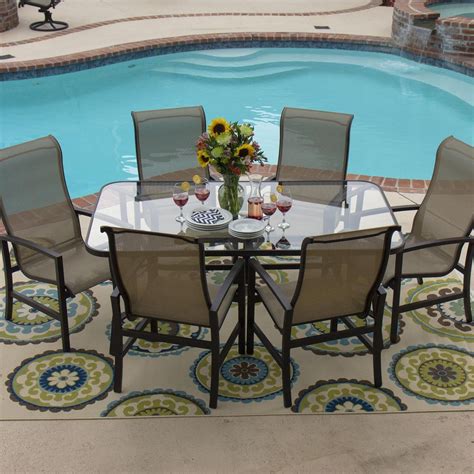 Acadia 7 Piece Sling Patio Dining Set With Glass Table By Lakeview