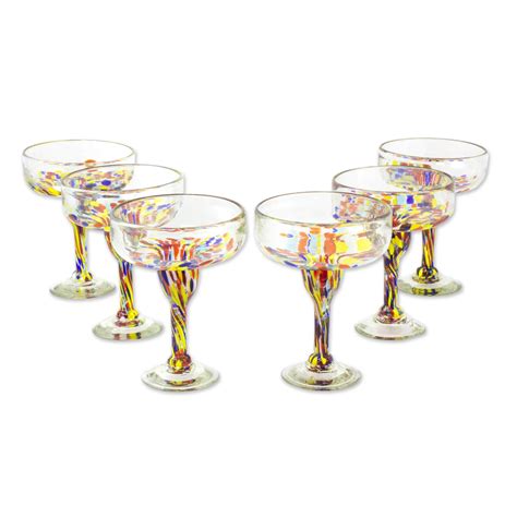 Set Of 6 Multicolor Hand Blown Glass Margarita Glasses Confetti Festival Novica