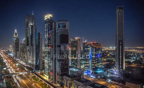 Cityscape And Skyscraper Skyline At Night Dubai United Arab Emirates