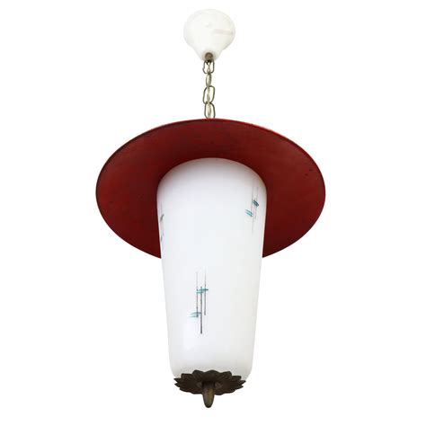 Typical Fifties Hanging Lamp Made Of Red Metal And Milk Glass 1245