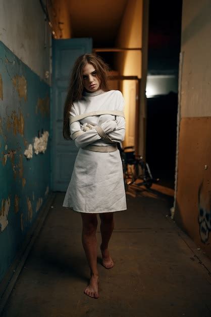 Premium Photo Mad Female Patient In Straitjacket Mental Hospital Woman In Strait Jacket