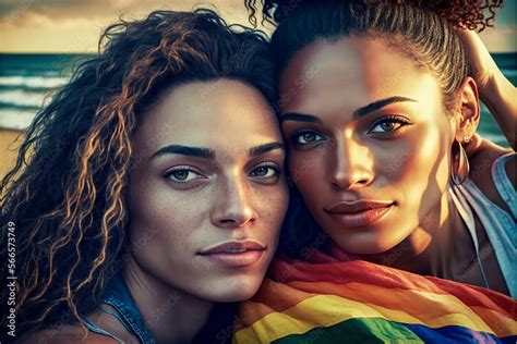 Lesbian Couple Embrace Outdoors Look To Each Other Close Up Rainbow Flag Ai Generated Stock