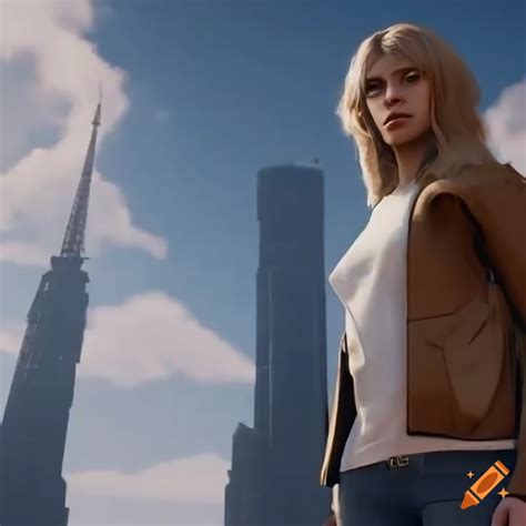 sci fi scene with mélanie laurent holding the flag of france in futuristic paris street with