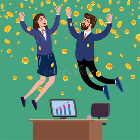 Happy Businessman And Businesswoman Jump In Air Falling Money Rain In
