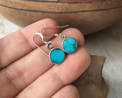 Very Small Round Sterling Silver Turquoise Earrings Minimalist Navajo