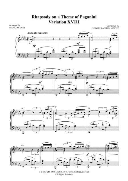 Rhapsody On A Theme Of Paganini Variation 18 Arr Mark Reeves Sheet