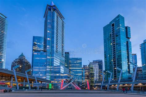 Night Scene Of Modern Buildings In Vancouver Downtown Long Exposure Of