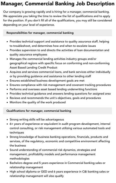 Manager Commercial Banking Job Description Velvet Jobs