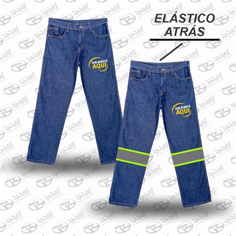 Calça Jeans Meio Cós Meio Elástico Uniforme Personalizado Raros