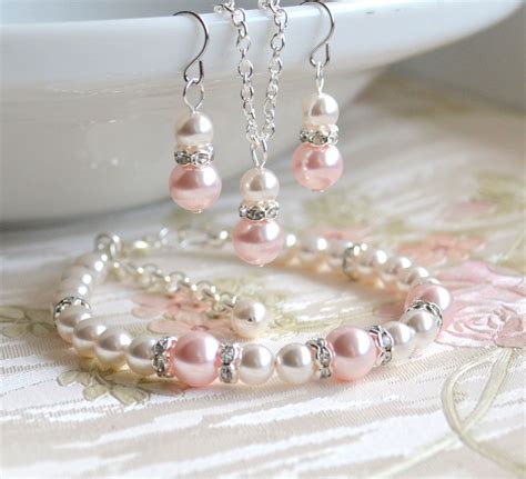 Blush Pearl Jewelry Set Classic Earrings Necklace And Etsy Pearl