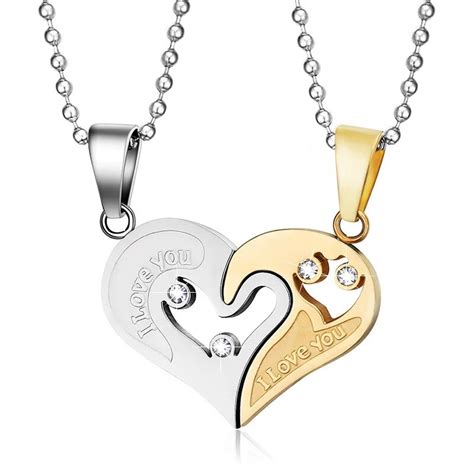 Soxy 2pcs Stainless Steel Couple Necklaces Heart Shaped Men Women Jewelry Gold Lovers Pendant