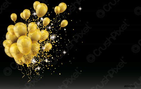 Golden Balloons Golden Particles Confetti Black Background Stock