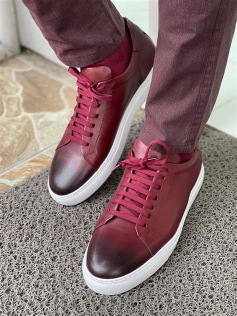 Burgundy Lace Up Mid Top Sneakers For Men By